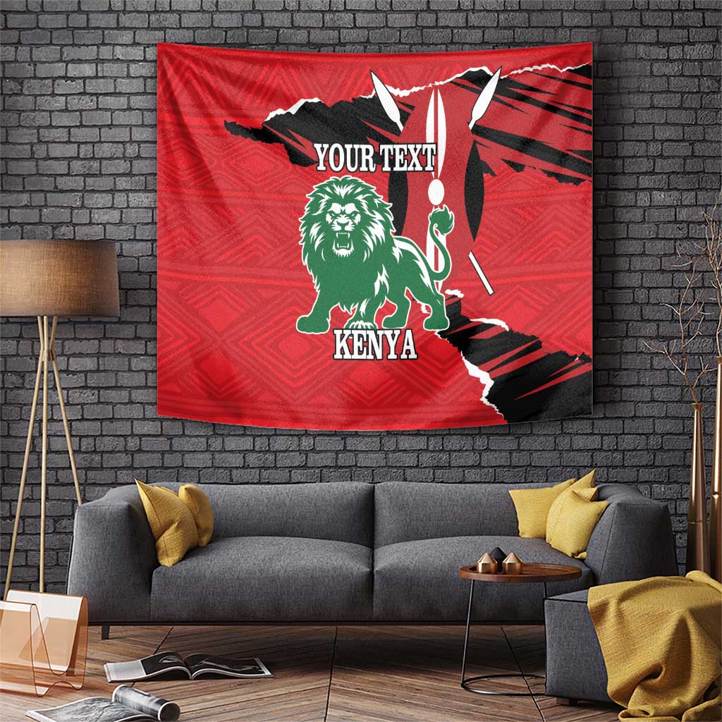 Red hanging tapestry with green lion, Kenya text, and placeholder "YOUR TEXT" design