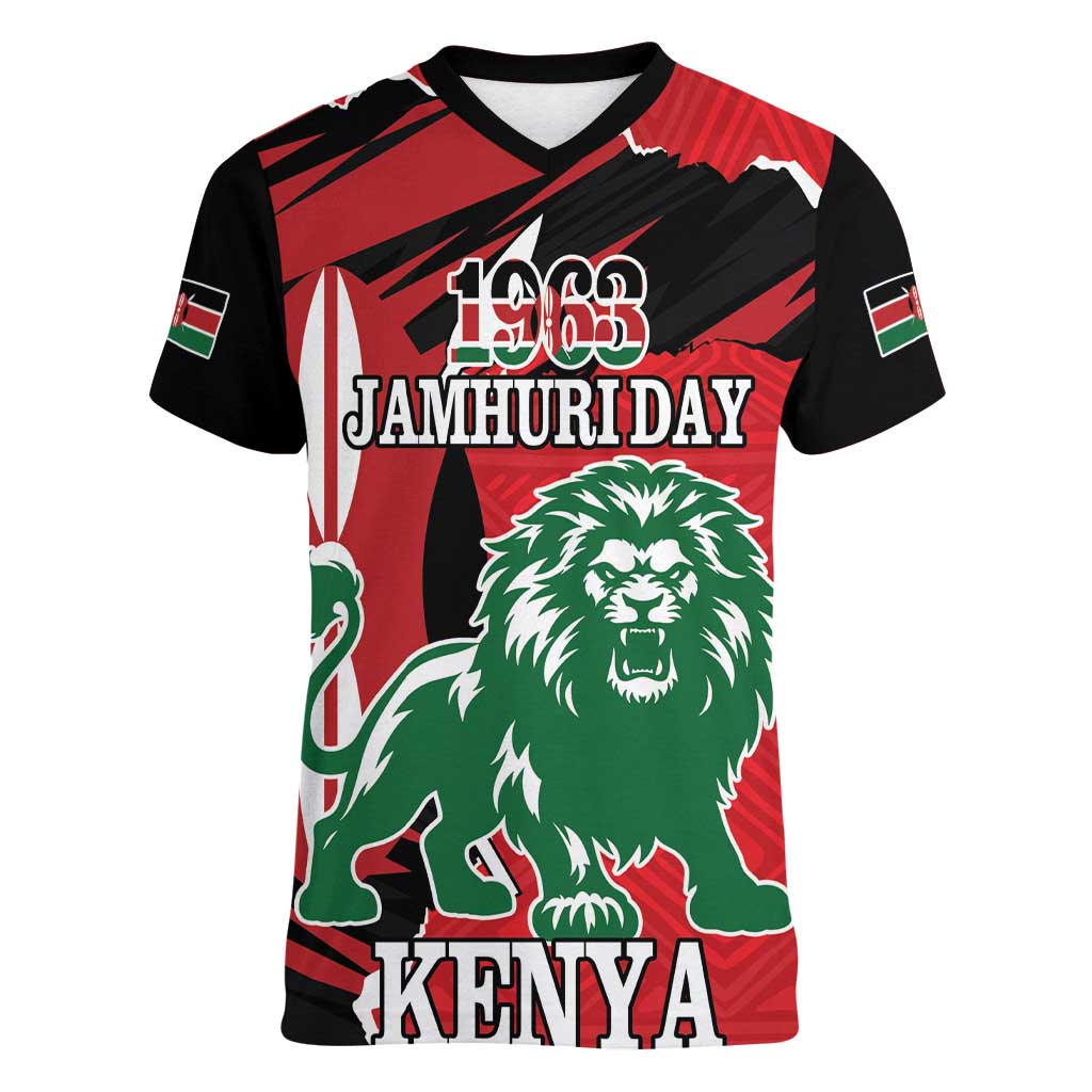 Personalized Kenya Independence Day Women V-Neck T-Shirt Angry Lion - Happy Jamhuri Day 1963 - Wonder Print Shop