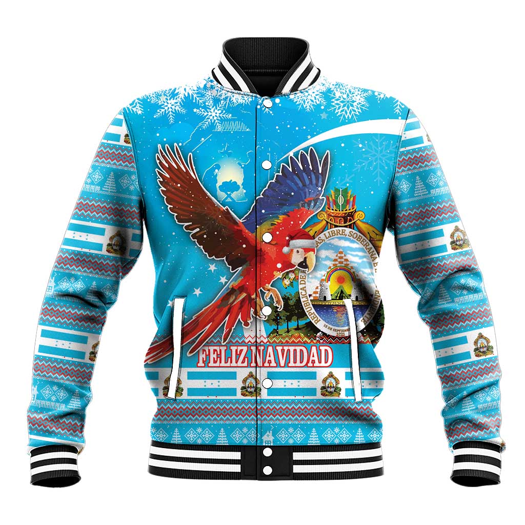Unisex blue Christmas baseball jacket with parrot graphic, Feliz Navidad front and striped cuffs