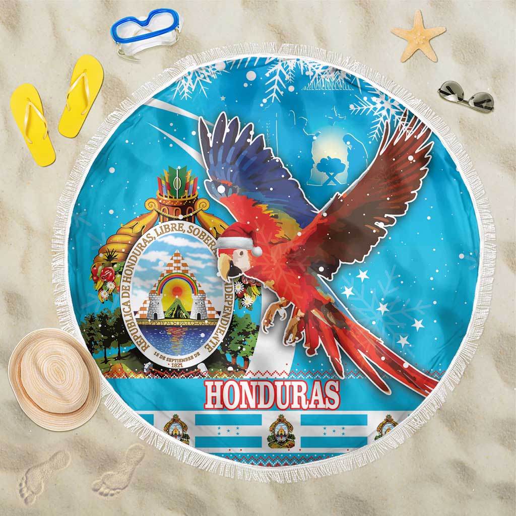 Round blue beach blanket with fringed edge, Honduras text and scarlet macaw graphic