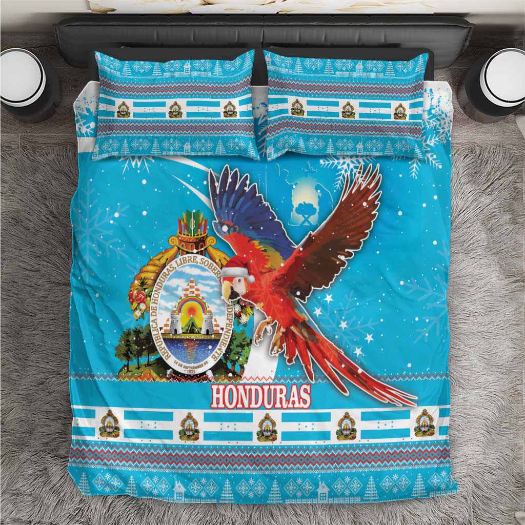 Blue duvet cover and pillow set with colorful macaw and Honduras festival graphic