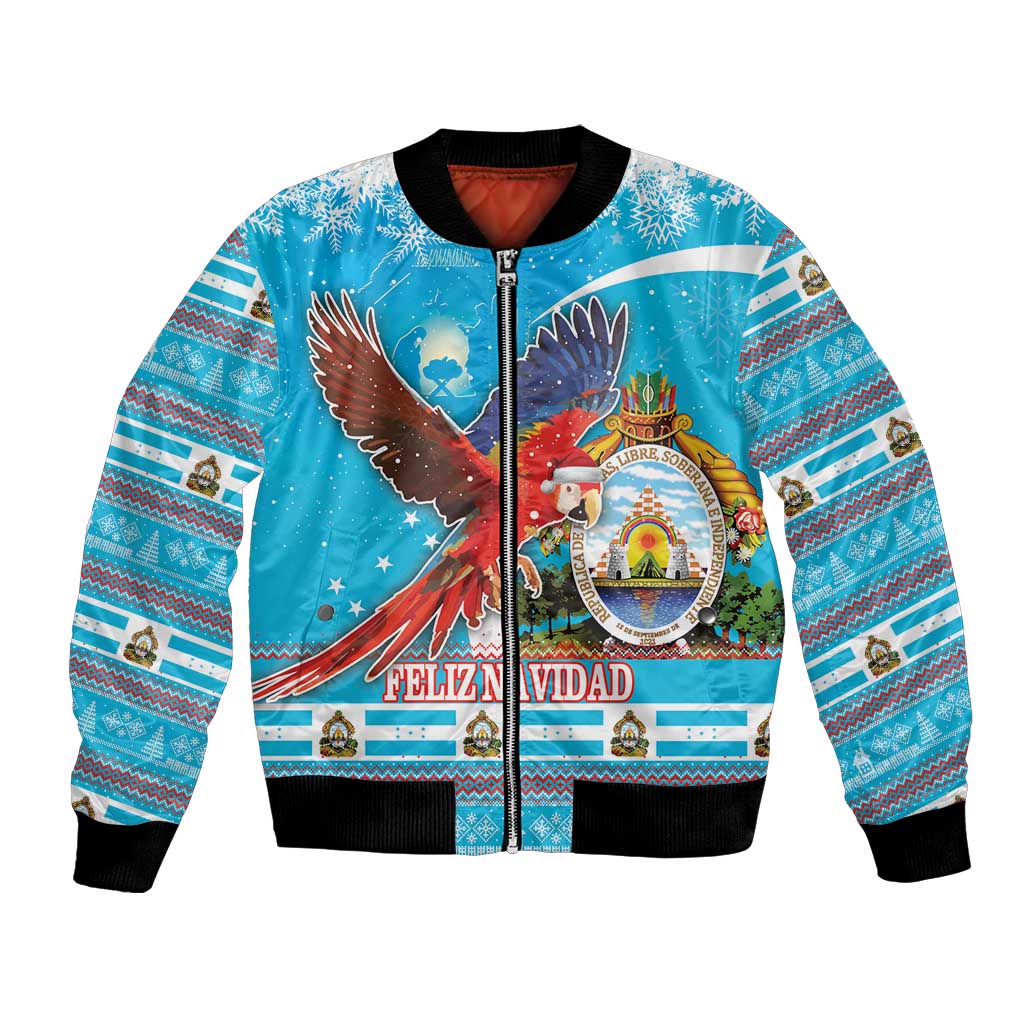 Blue bomber jacket with zipper and colorful holiday macaw graphic, Feliz Navidad text.