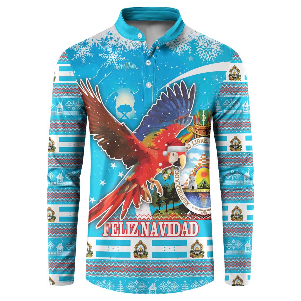 Blue button-up sweatshirt with Feliz Navidad text and red macaw graphic on front