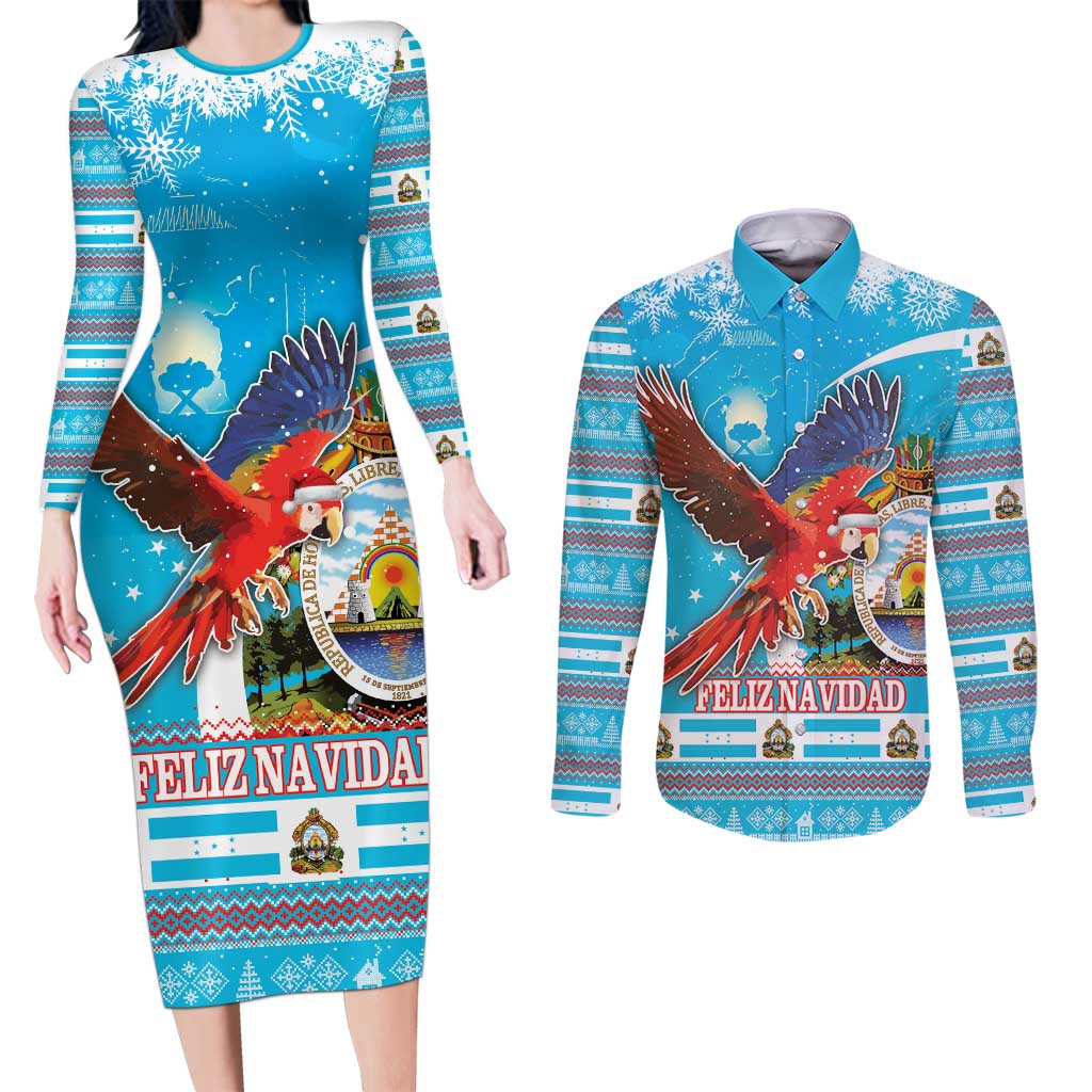 Honduras Christmas Couples Matching Long Sleeve Bodycon Dress and Long Sleeve Button Shirt Scarlet Macaw Feliz Navidad - Wonder Print Shop