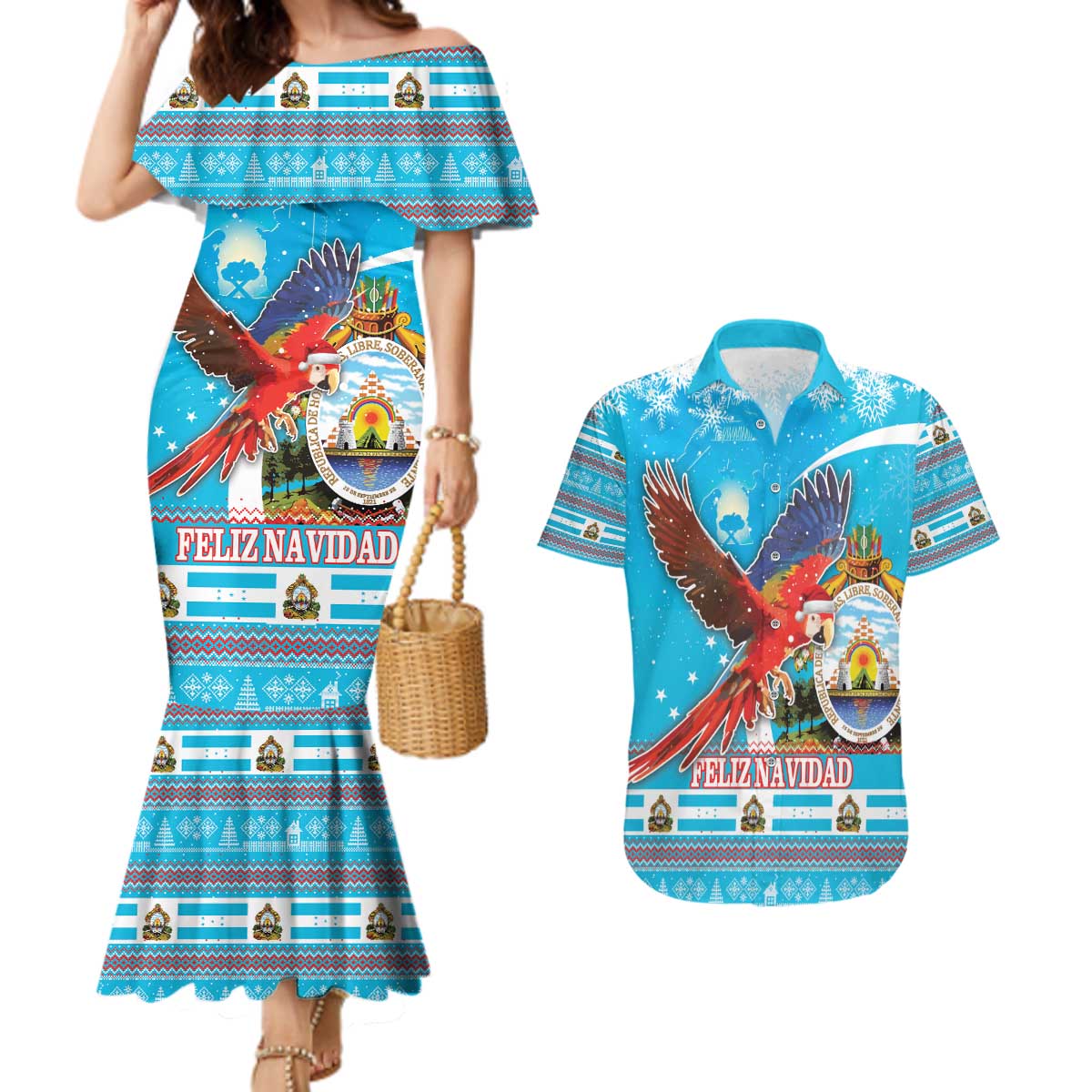 Honduras Christmas Couples Matching Mermaid Dress and Hawaiian Shirt Scarlet Macaw Feliz Navidad - Wonder Print Shop