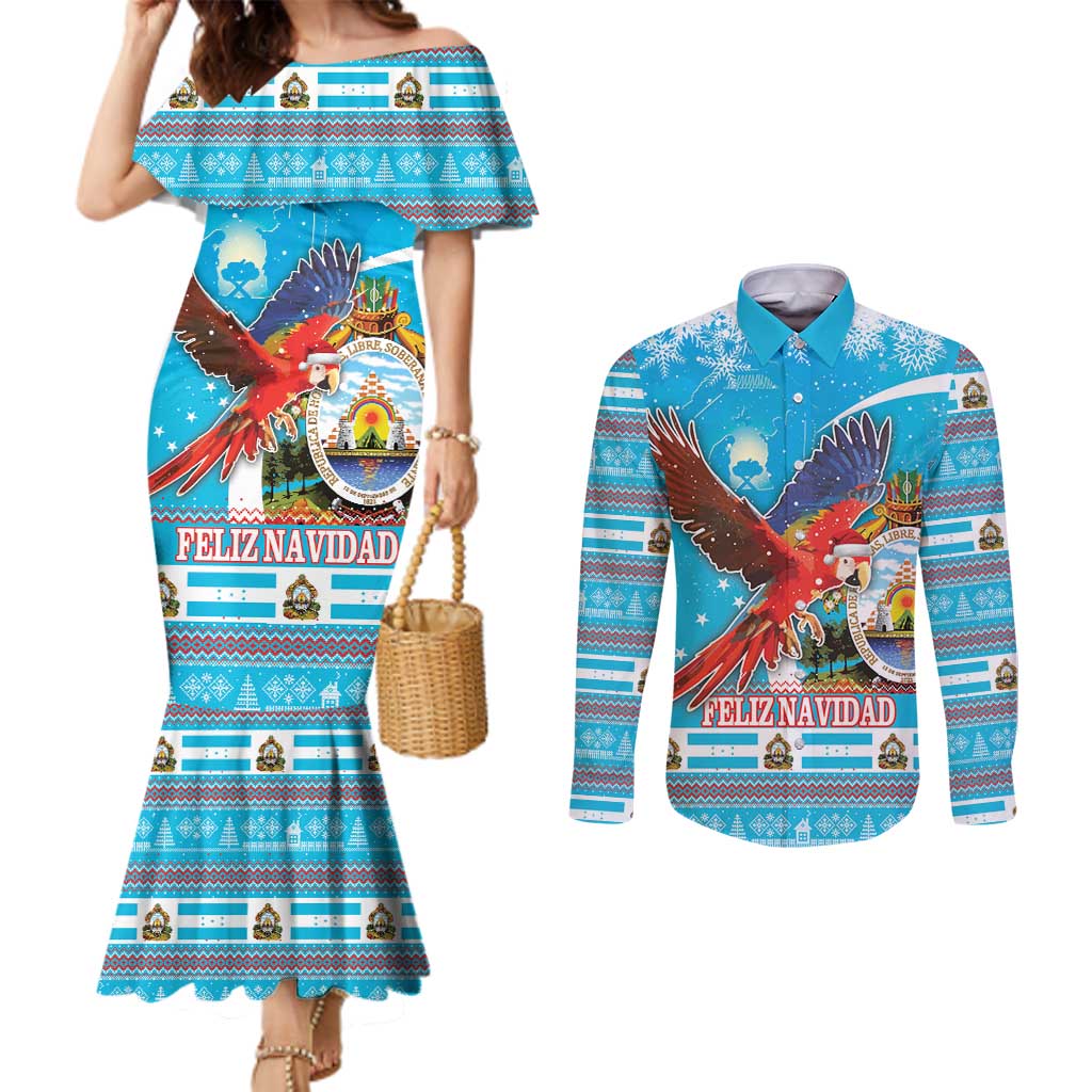 Honduras Christmas Couples Matching Mermaid Dress and Long Sleeve Button Shirt Scarlet Macaw Feliz Navidad