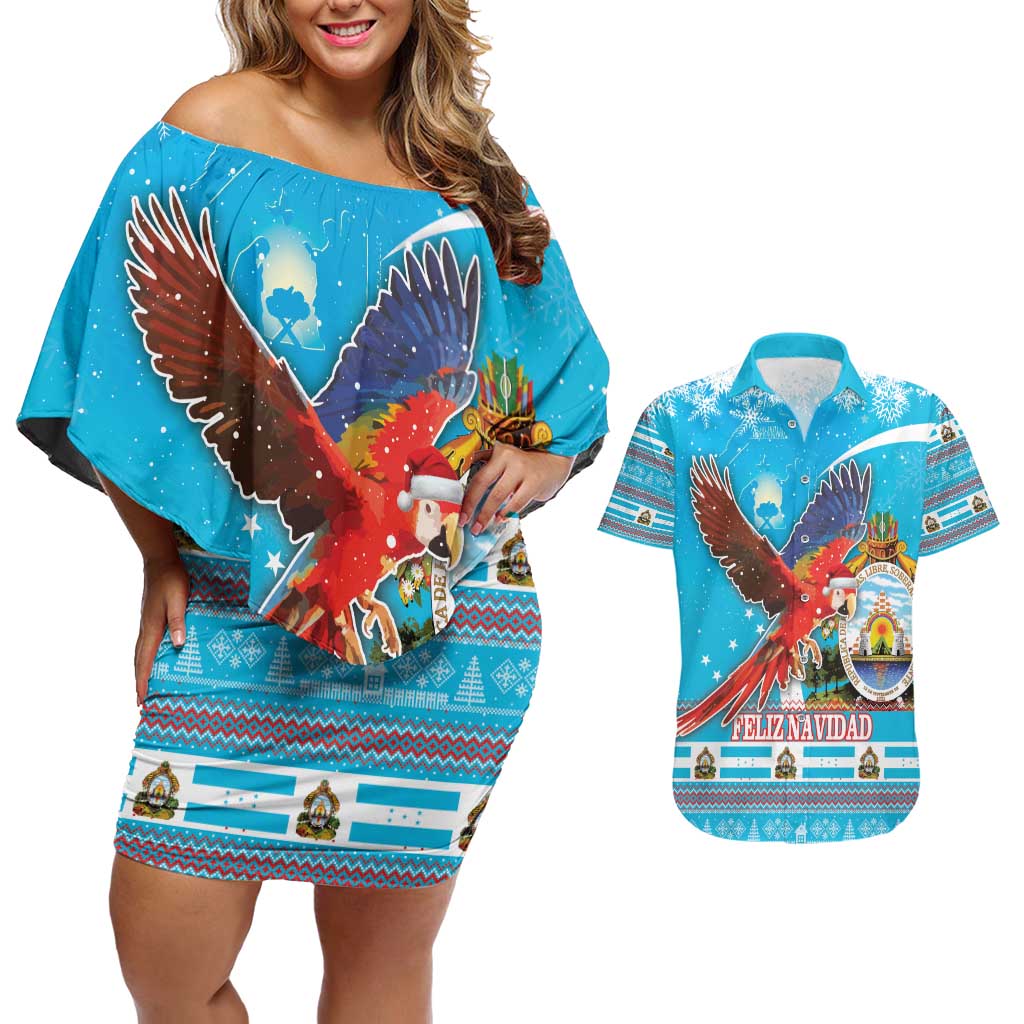 Honduras Christmas Couples Matching Off Shoulder Short Dress and Hawaiian Shirt Scarlet Macaw Feliz Navidad - Wonder Print Shop