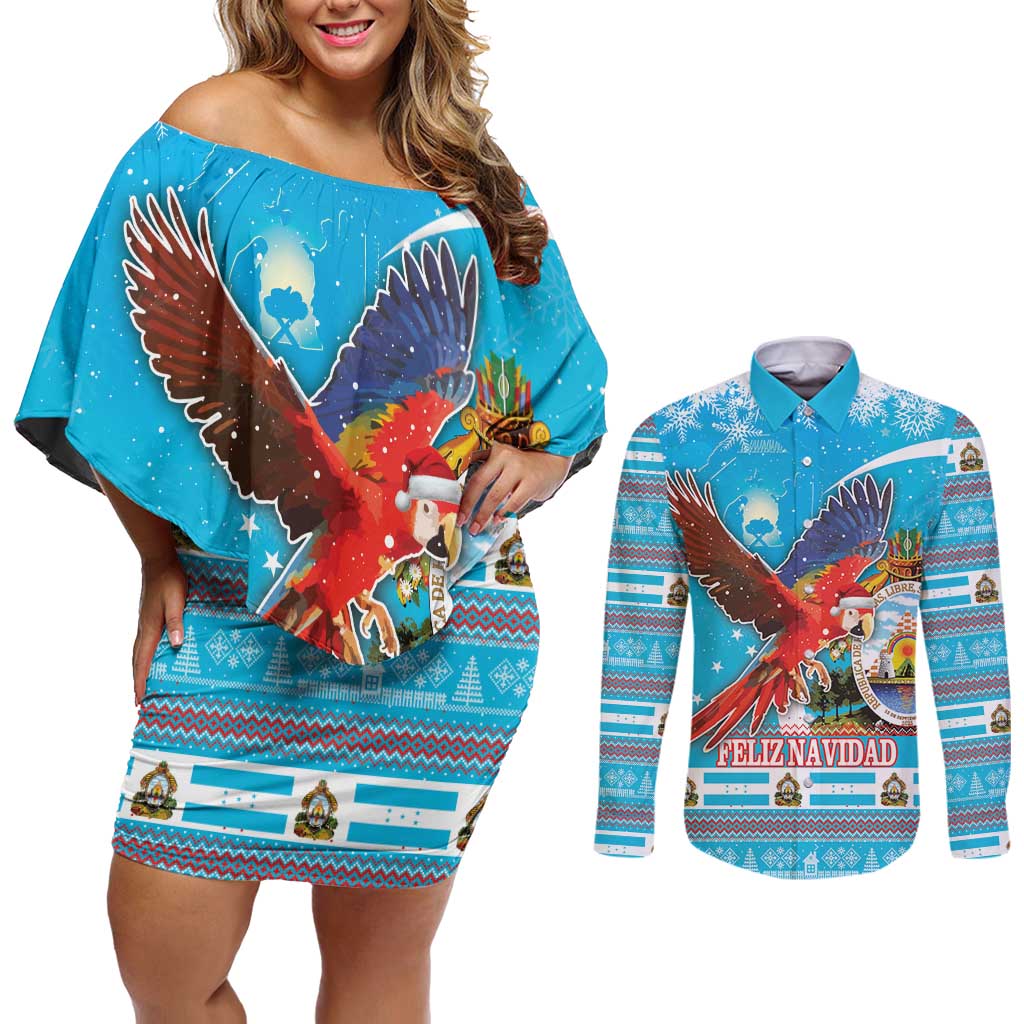 Honduras Christmas Couples Matching Off Shoulder Short Dress and Long Sleeve Button Shirt Scarlet Macaw Feliz Navidad - Wonder Print Shop