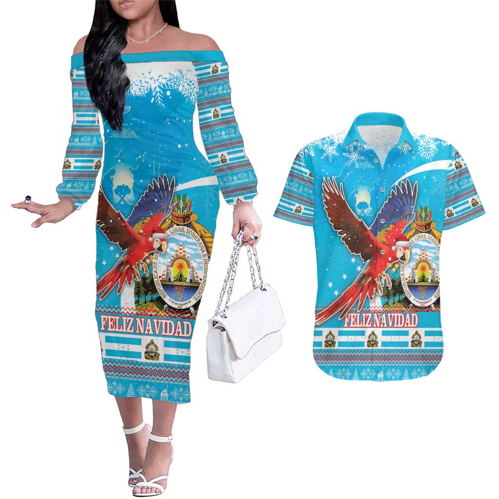 Honduras Christmas Couples Matching Off The Shoulder Long Sleeve Dress and Hawaiian Shirt Scarlet Macaw Feliz Navidad - Wonder Print Shop