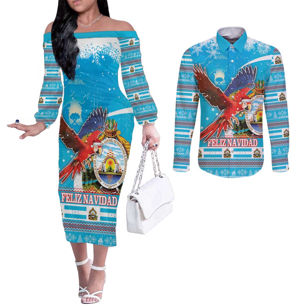 Honduras Christmas Couples Matching Off The Shoulder Long Sleeve Dress and Long Sleeve Button Shirt Scarlet Macaw Feliz Navidad