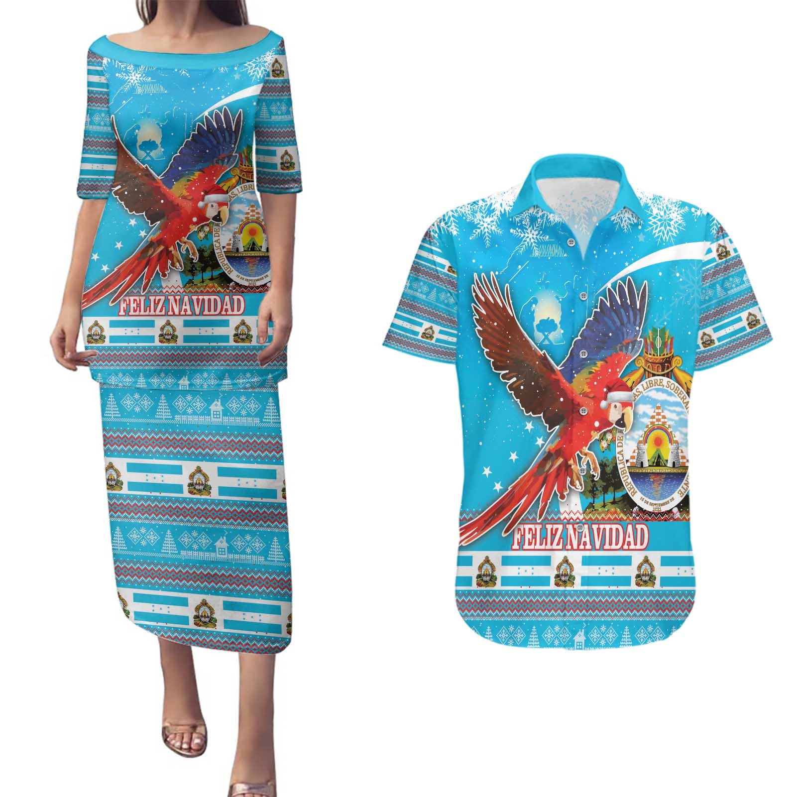 Honduras Christmas Couples Matching Puletasi and Hawaiian Shirt Scarlet Macaw Feliz Navidad - Wonder Print Shop