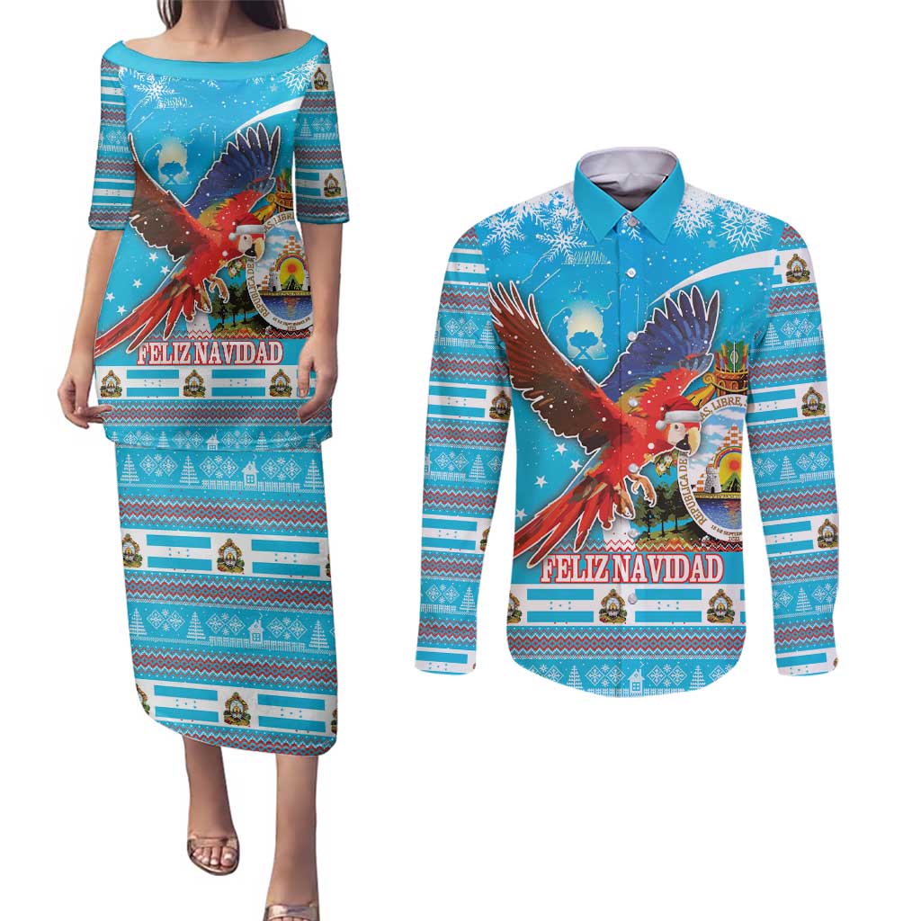 Honduras Christmas Couples Matching Puletasi and Long Sleeve Button Shirt Scarlet Macaw Feliz Navidad - Wonder Print Shop