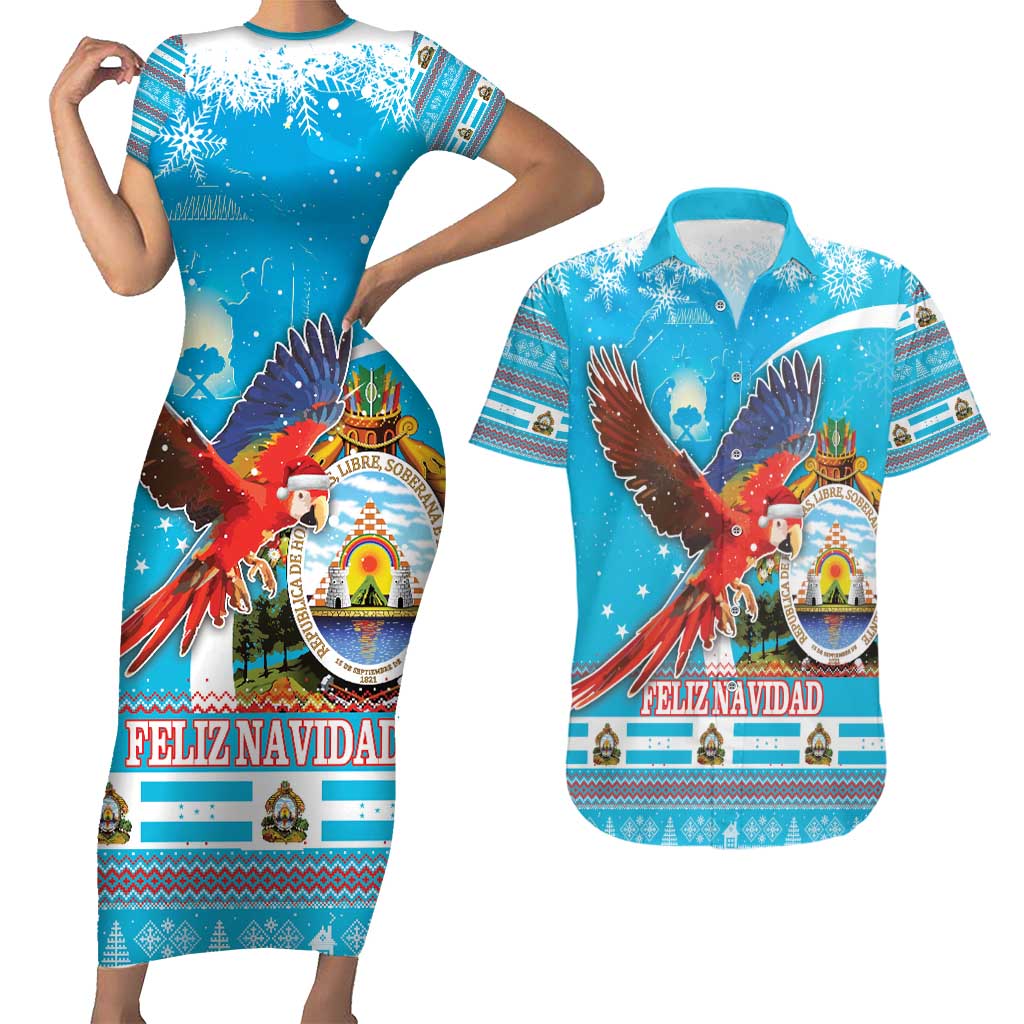 Honduras Christmas Couples Matching Short Sleeve Bodycon Dress and Hawaiian Shirt Scarlet Macaw Feliz Navidad - Wonder Print Shop