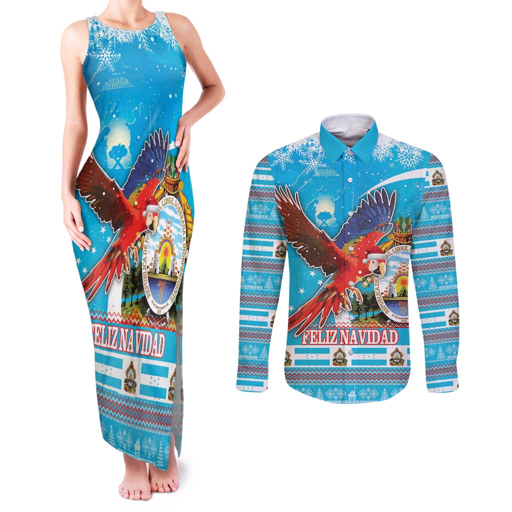 Honduras Christmas Couples Matching Tank Maxi Dress and Long Sleeve Button Shirt Scarlet Macaw Feliz Navidad - Wonder Print Shop