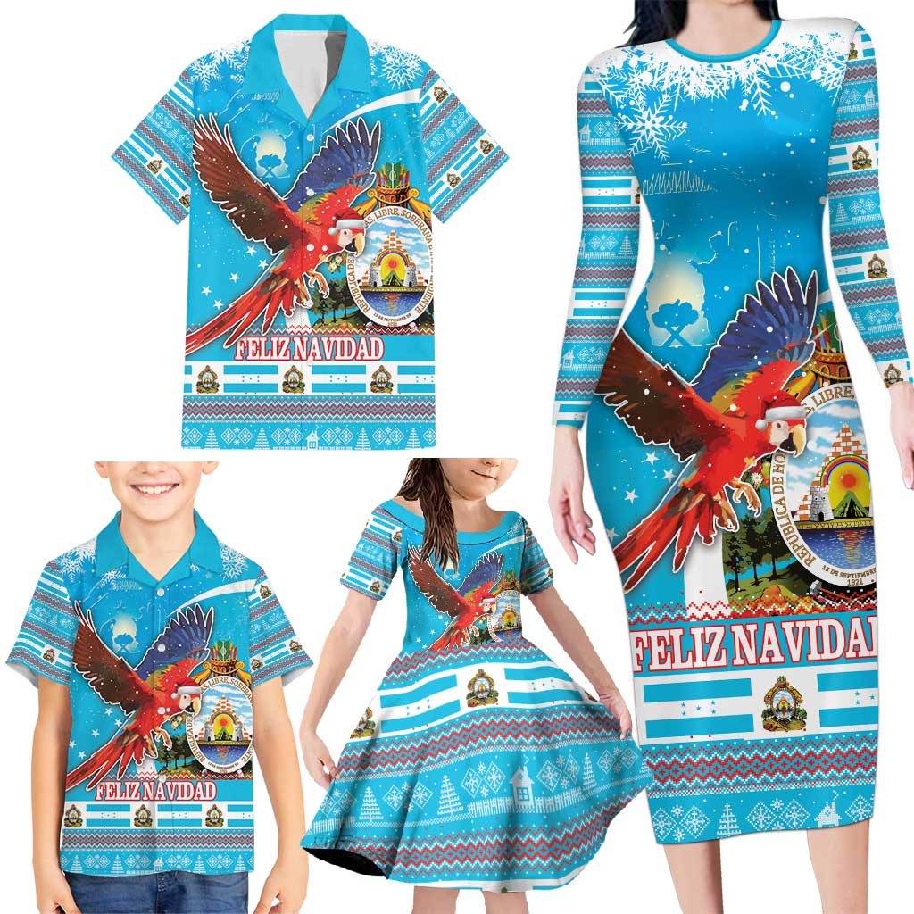 Honduras Christmas Family Matching Long Sleeve Bodycon Dress and Hawaiian Shirt Scarlet Macaw Feliz Navidad - Wonder Print Shop