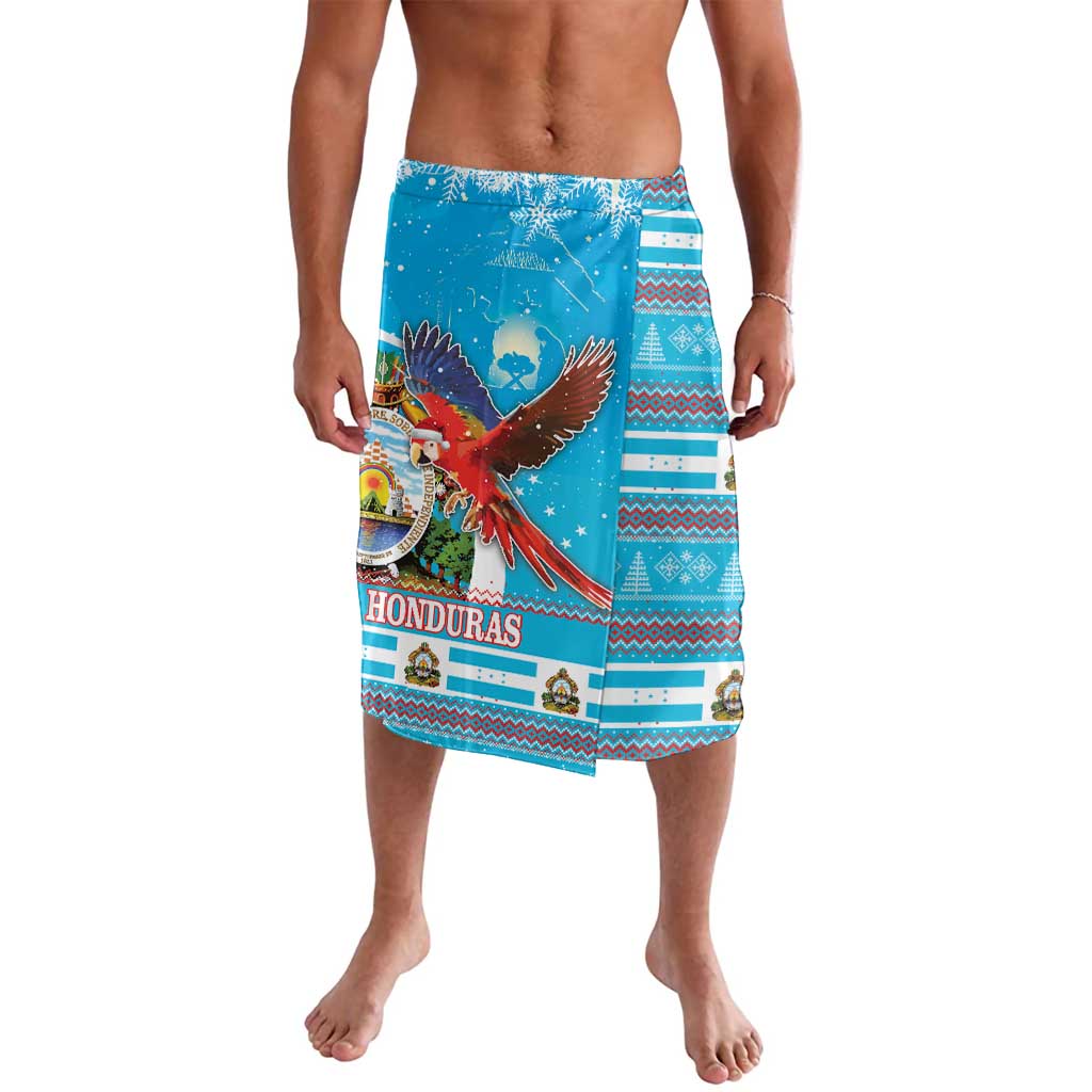 Blue Christmas lavalava wrap skirt with macaw and Feliz Navidad graphic, elastic waist