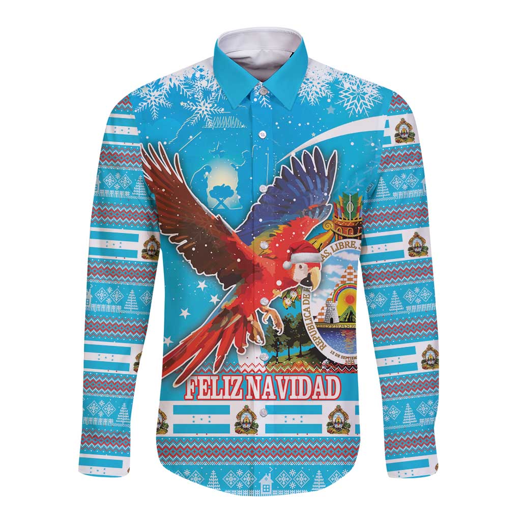 Blue long sleeve button shirt with colorful macaw and Feliz Navidad print