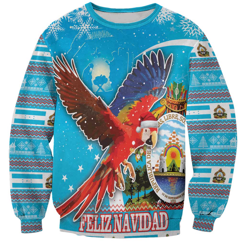 Unisex blue Christmas sweatshirt with red macaw and FELIZ NAVIDAD graphic