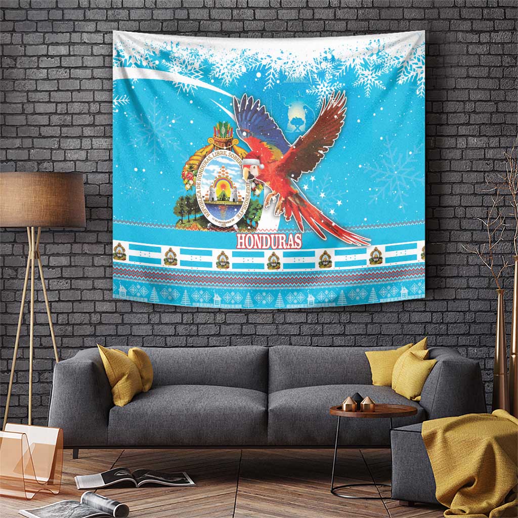 Blue Christmas tapestry with red macaw, circular crest and Feliz Navidad text