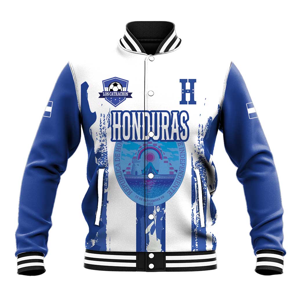 Unisex baseball jacket: white front, blue sleeves, striped ribbed collar, Honduras graphic
