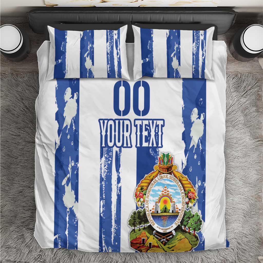 Blue and white striped football bedding set with crest emblem and custom text