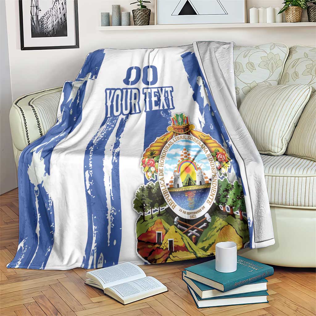 Custom football-themed blanket, white and blue grunge stripes with crest and placeholder text.