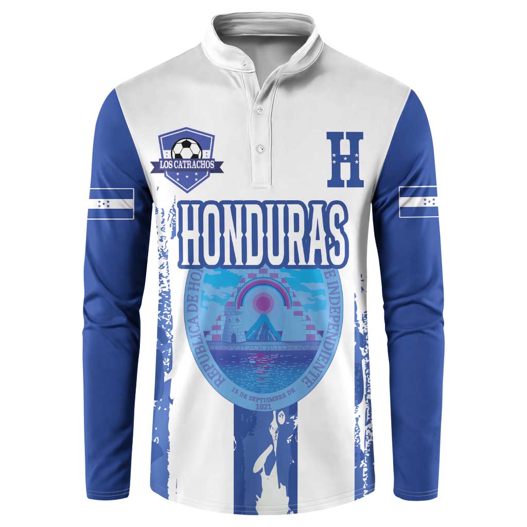 White and blue button-front football sweatshirt with Honduras graphic and long sleeves