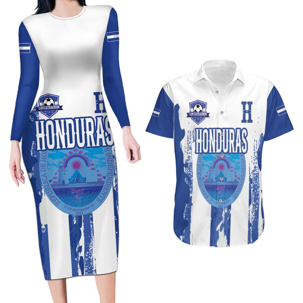 Custom Honduras Football Couples Matching Long Sleeve Bodycon Dress and Hawaiian Shirt Los Catrachos Grunge Style - Wonder Print Shop