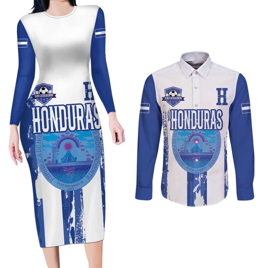 Custom Honduras Football Couples Matching Long Sleeve Bodycon Dress and Long Sleeve Button Shirt Los Catrachos Grunge Style - Wonder Print Shop