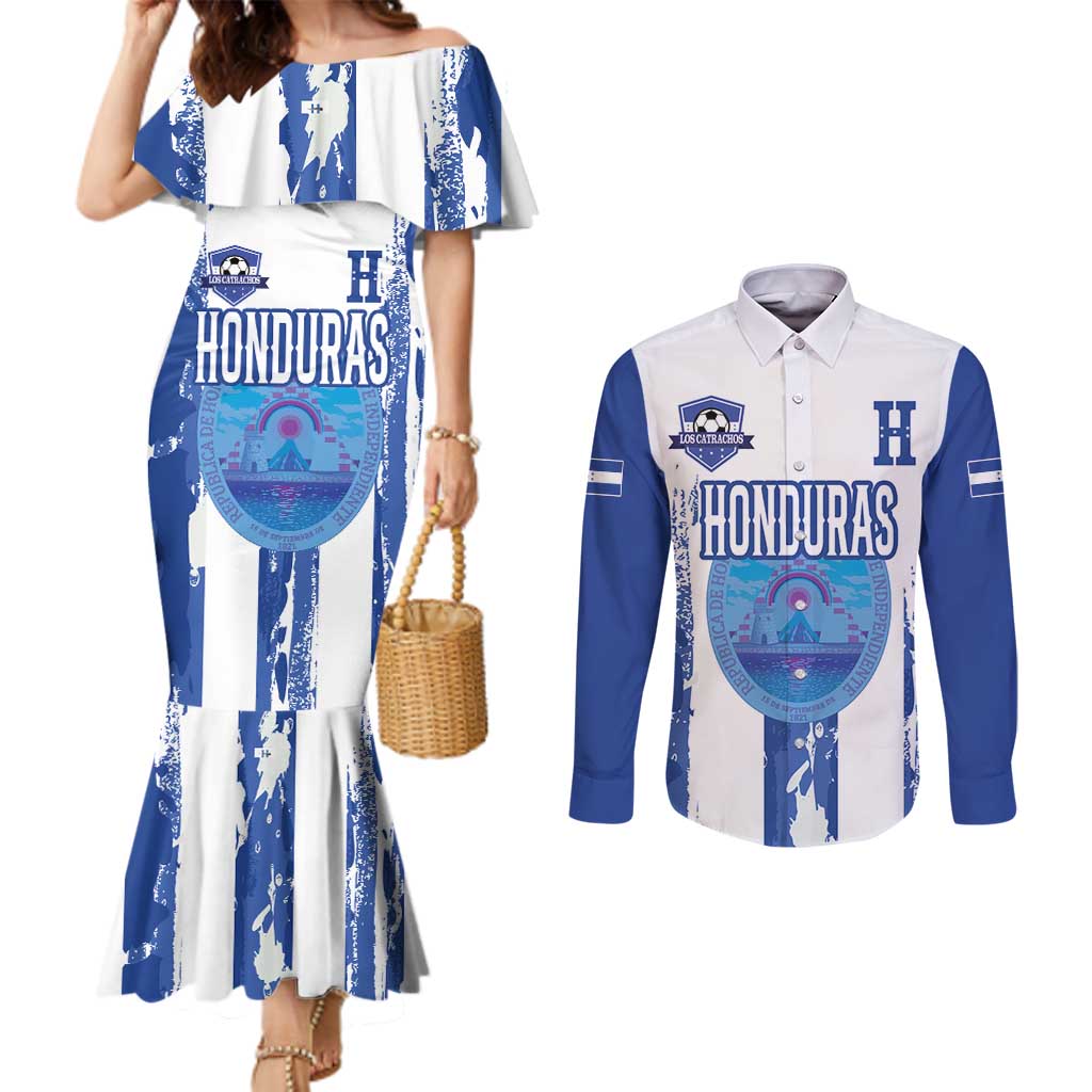 Custom Honduras Football Couples Matching Mermaid Dress and Long Sleeve Button Shirt Los Catrachos Grunge Style