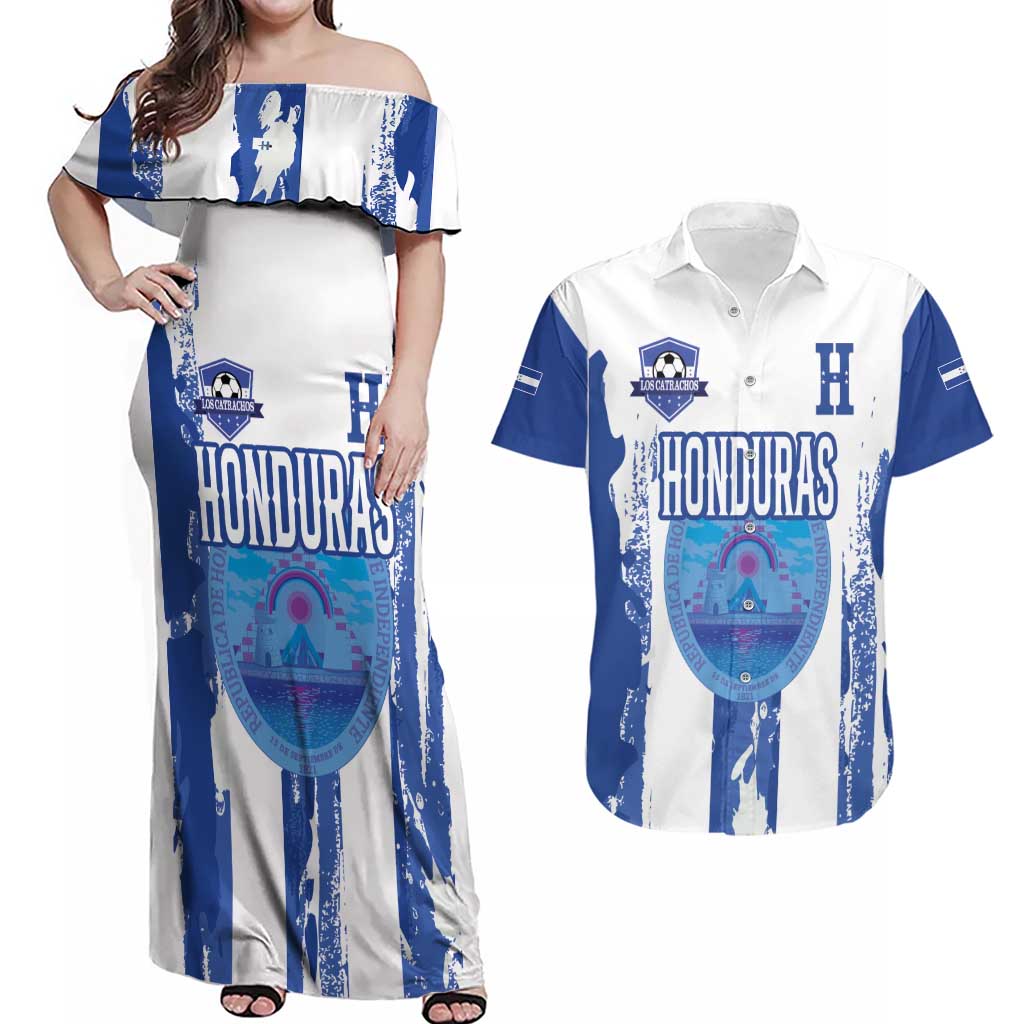 Custom Honduras Football Couples Matching Off Shoulder Maxi Dress and Hawaiian Shirt Los Catrachos Grunge Style - Wonder Print Shop