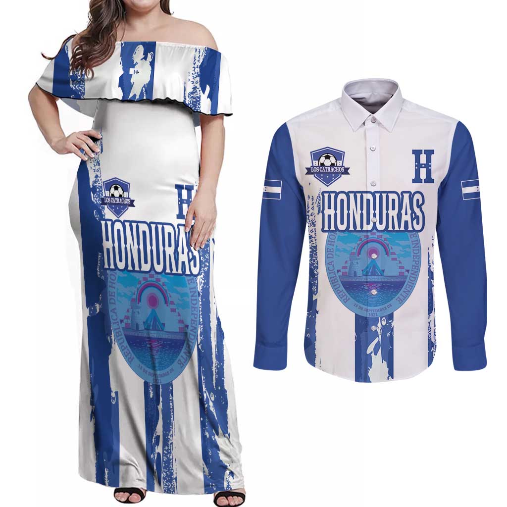 Custom Honduras Football Couples Matching Off Shoulder Maxi Dress and Long Sleeve Button Shirt Los Catrachos Grunge Style - Wonder Print Shop