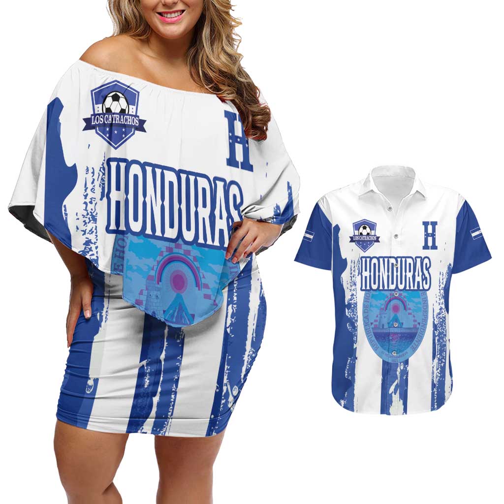 Custom Honduras Football Couples Matching Off Shoulder Short Dress and Hawaiian Shirt Los Catrachos Grunge Style - Wonder Print Shop