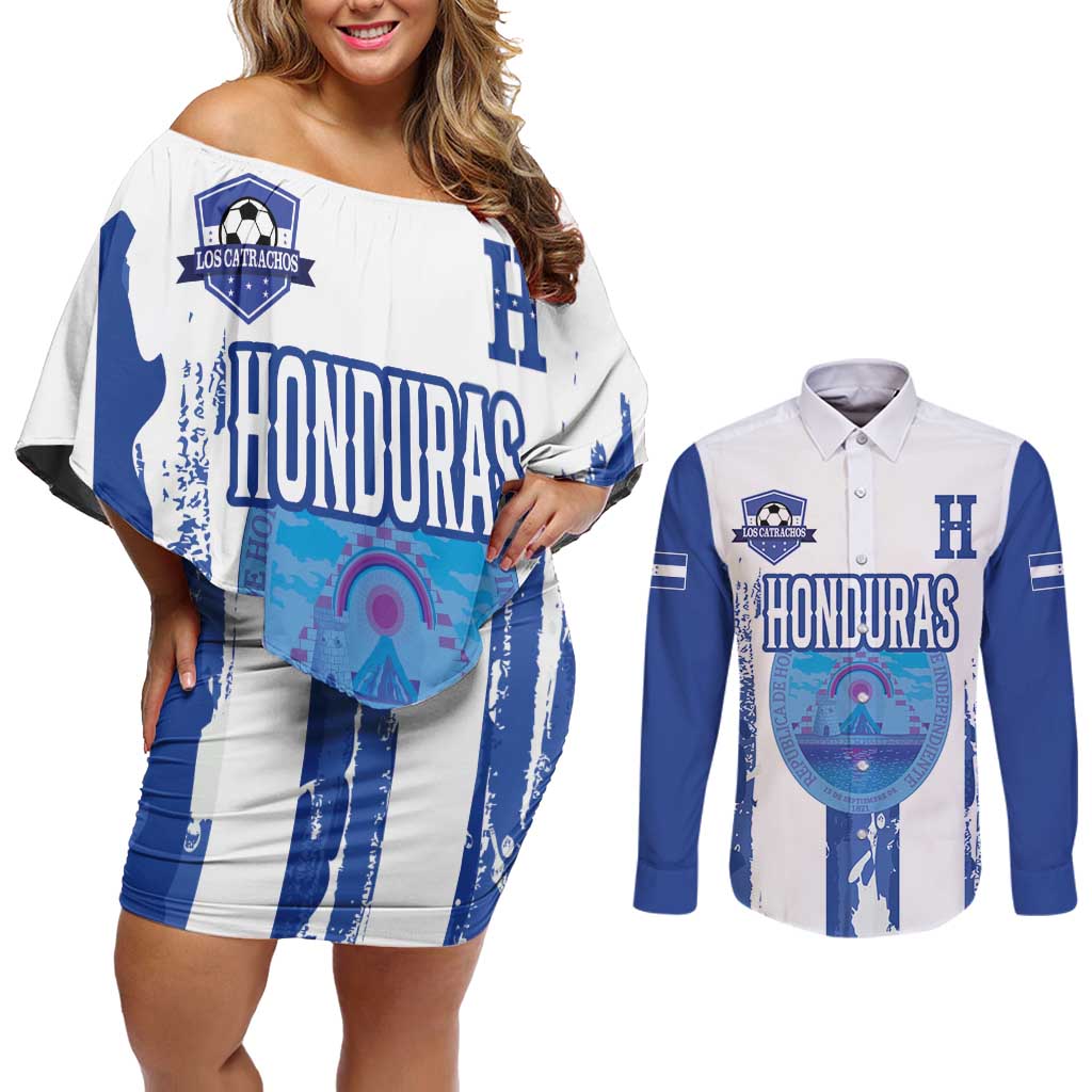 Custom Honduras Football Couples Matching Off Shoulder Short Dress and Long Sleeve Button Shirt Los Catrachos Grunge Style - Wonder Print Shop