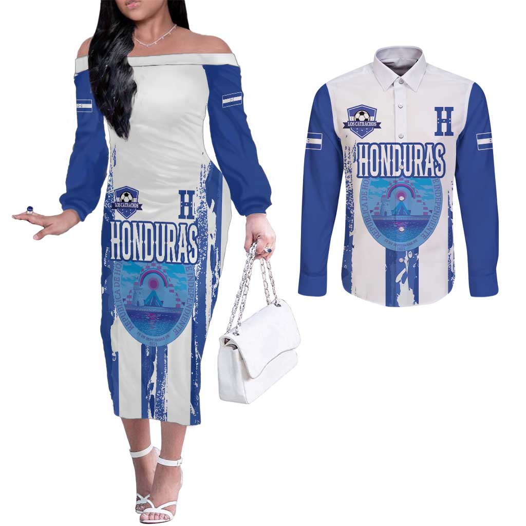 Custom Honduras Football Couples Matching Off The Shoulder Long Sleeve Dress and Long Sleeve Button Shirt Los Catrachos Grunge Style