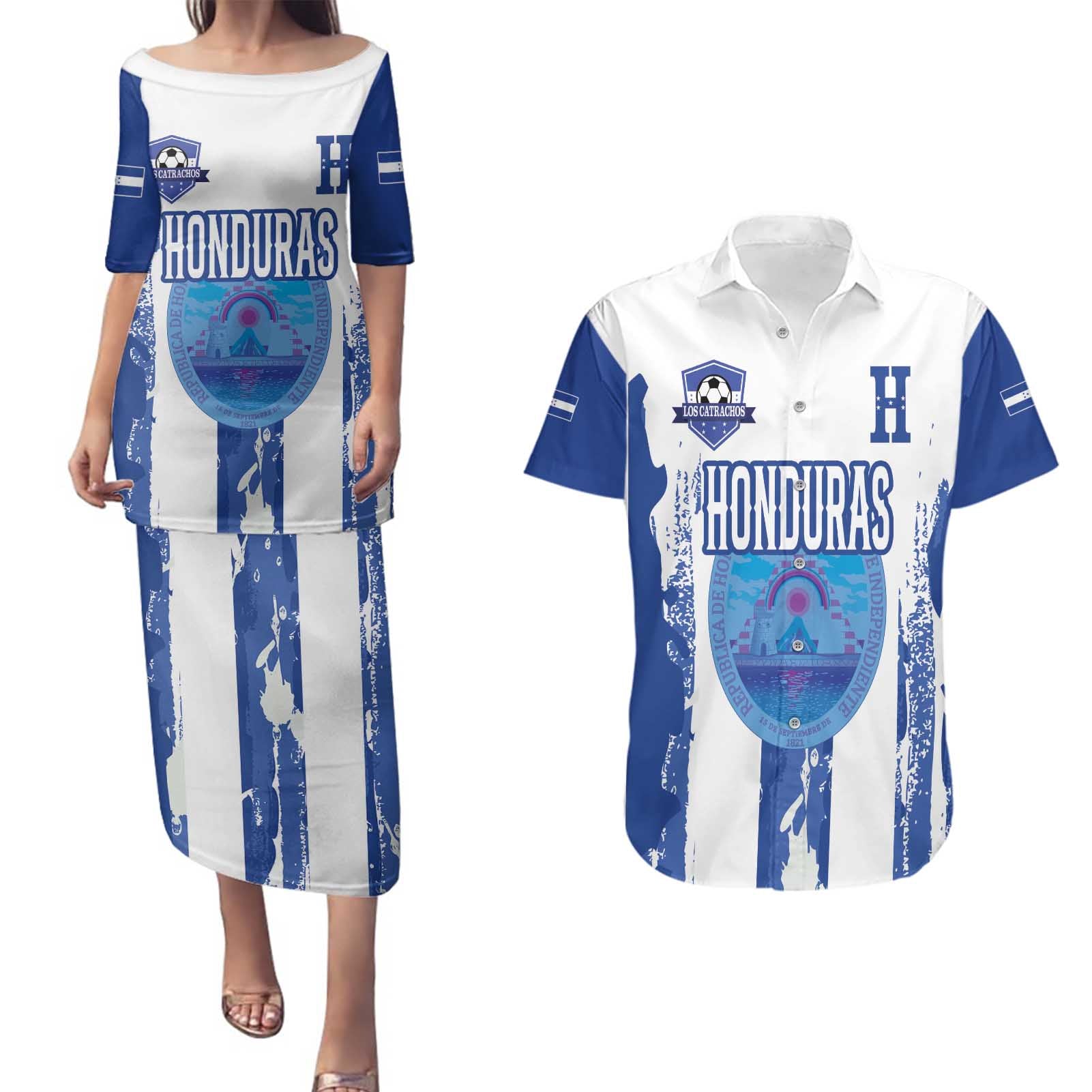 Custom Honduras Football Couples Matching Puletasi and Hawaiian Shirt Los Catrachos Grunge Style - Wonder Print Shop