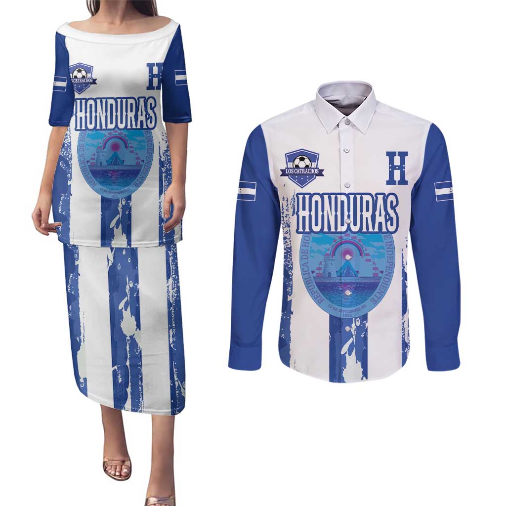 Custom Honduras Football Couples Matching Puletasi and Long Sleeve Button Shirt Los Catrachos Grunge Style - Wonder Print Shop