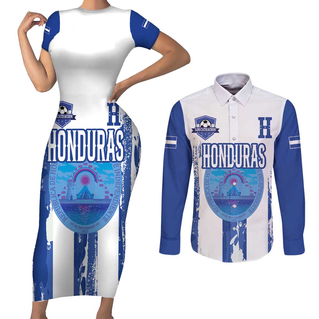 Custom Honduras Football Couples Matching Short Sleeve Bodycon Dress and Long Sleeve Button Shirt Los Catrachos Grunge Style - Wonder Print Shop