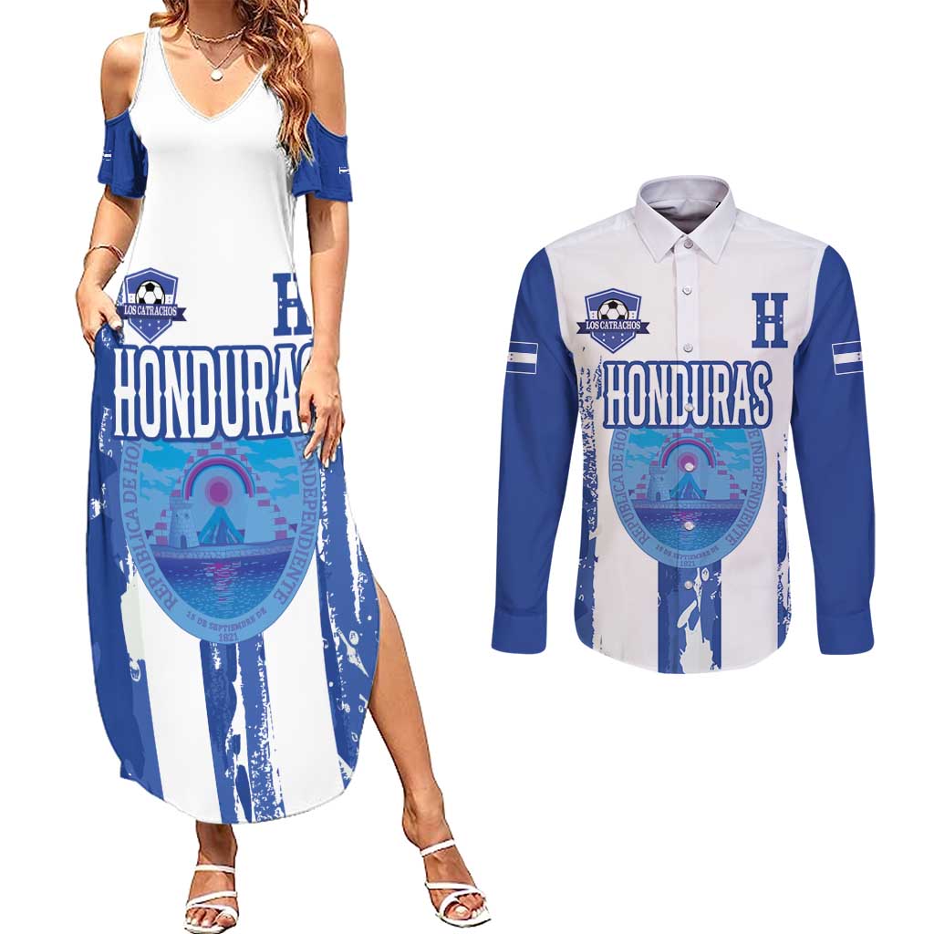 Custom Honduras Football Couples Matching Summer Maxi Dress and Long Sleeve Button Shirt Los Catrachos Grunge Style - Wonder Print Shop