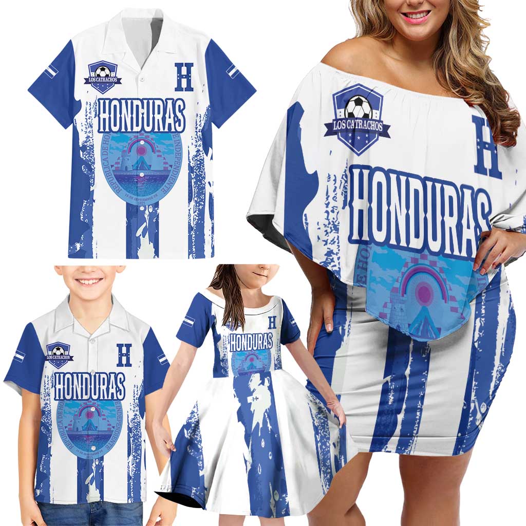 Custom Honduras Football Family Matching Off Shoulder Short Dress and Hawaiian Shirt Los Catrachos Grunge Style - Wonder Print Shop