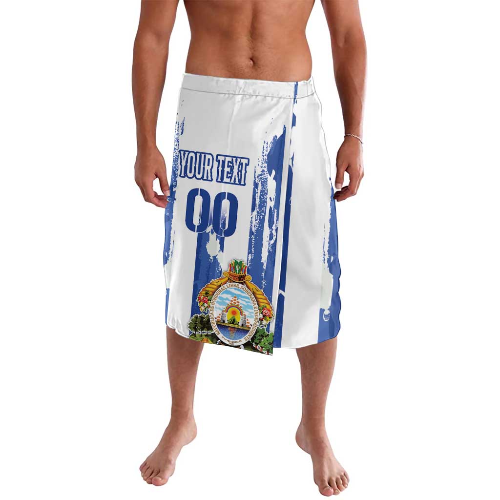 White and blue printed swim shorts with crest and number 00, elastic waistband