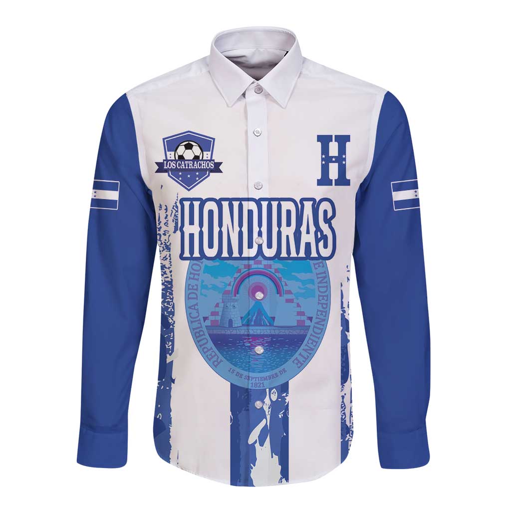 Custom Honduras long-sleeve button shirt: white body, blue sleeves, Honduras graphic print