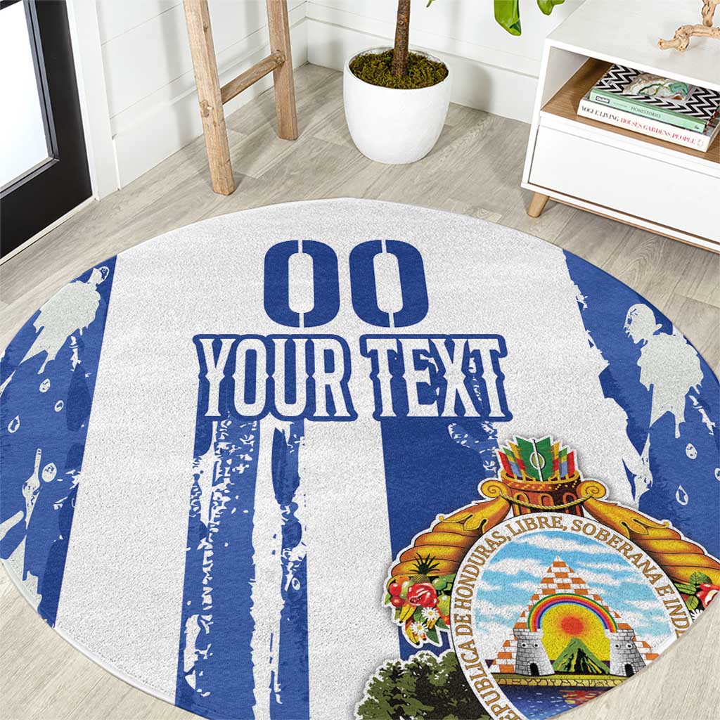 Round area rug with white base, blue stripes, bold “YOUR TEXT”, and Honduras emblem