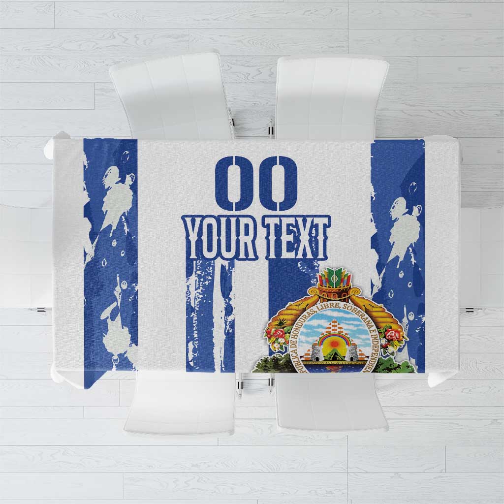 White football tablecloth with blue grunge print, shield emblem, and custom text