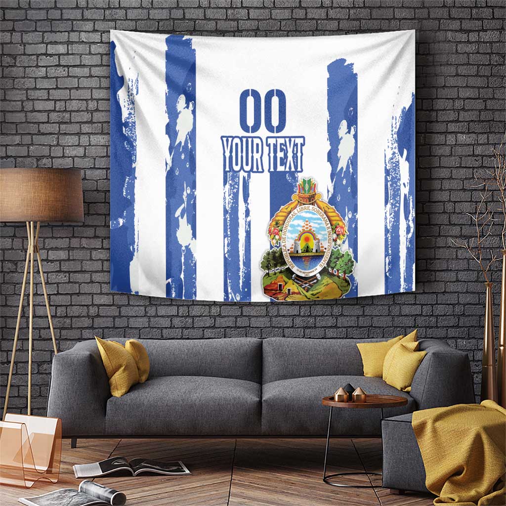 Decorative wall tapestry with blue-and-white vertical stripes, silhouettes, and crest