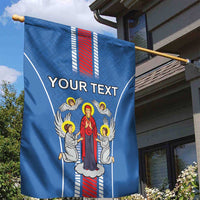 Blue Belarus garden flag with coat of arms center and 'YOUR TEXT' text