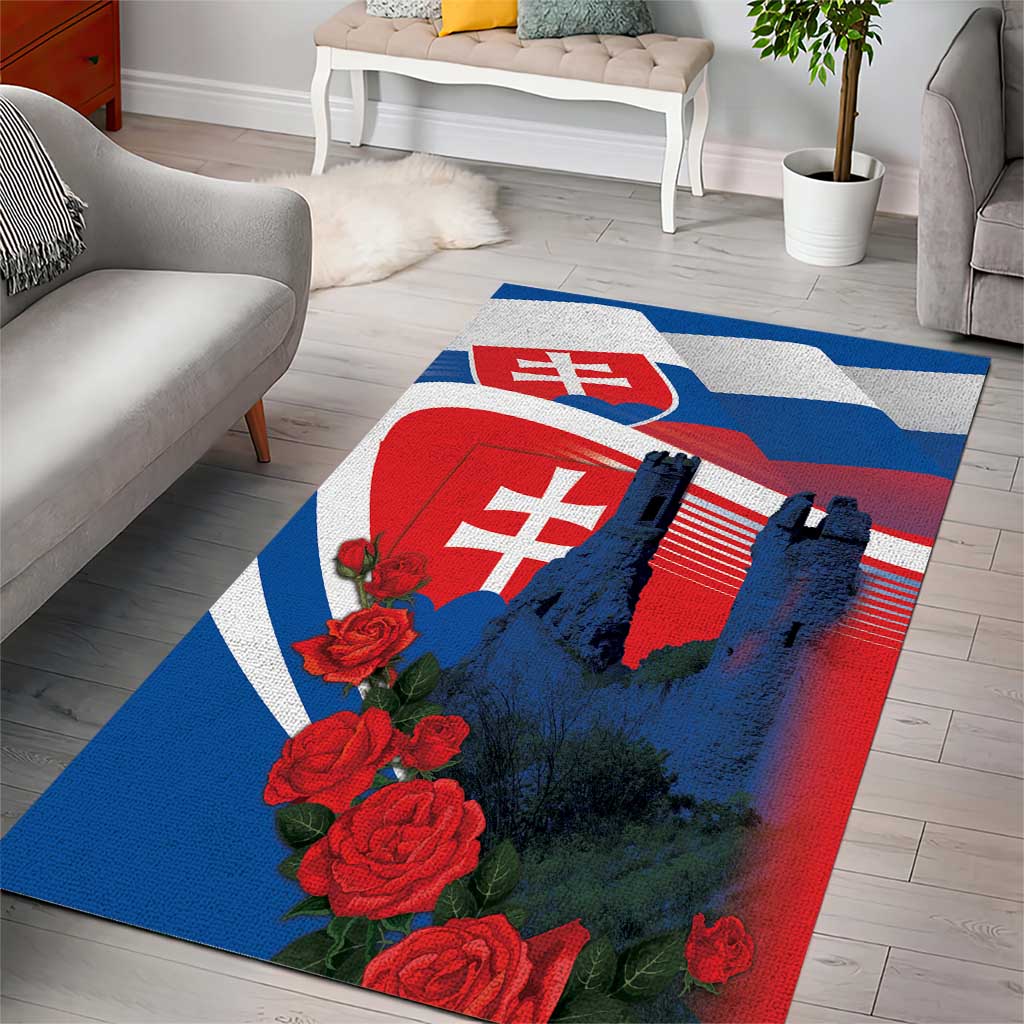 Blue area rug, castle and Slovak flag with red roses on white border