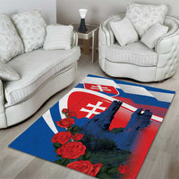 Blue area rug with Slovak flag castle scene and red roses, white border