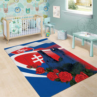 Blue area rug with Slovak flag castle artwork and red roses, white border