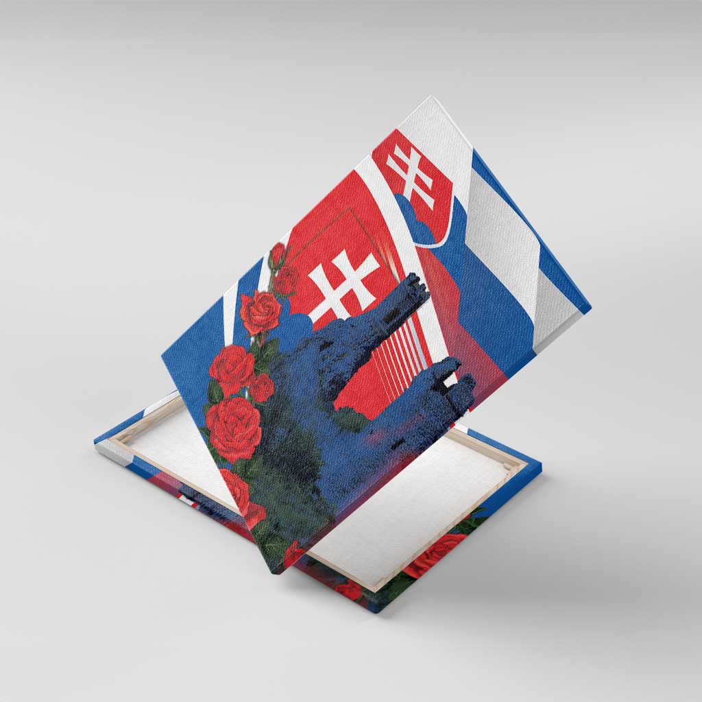 Framed canvas wall art with Slovakia flag, Devín Castle, and red roses